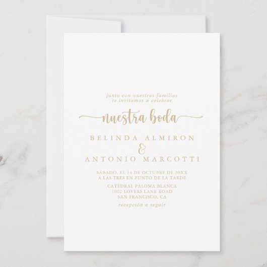 Gold Minimalist Calligraphy Nuestra Boda Wedding Kaart (Voorkant)