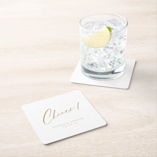 Gold minimum modern-chees script bruiloft vierkante kartonnen onderzetter (Insitu)