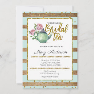 Gold Mint Elegant Bridal Tea Party Invitation Kaart
