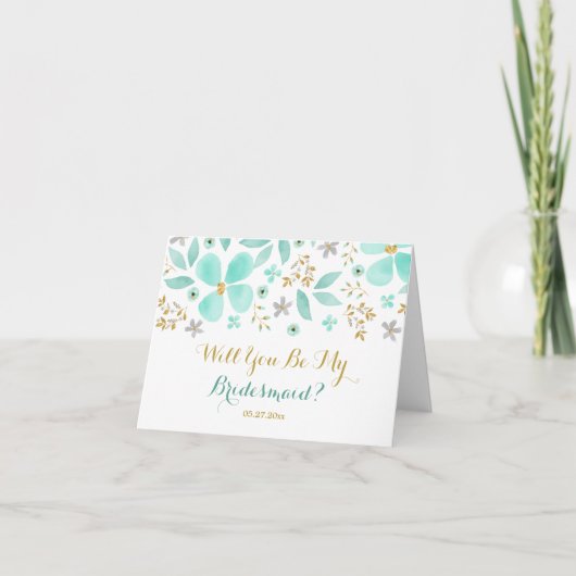 Gold Mint Flower Serez-Vous Ma Carte Bridesmaid (Devant)