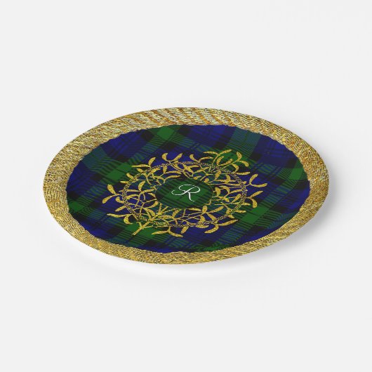 Gold Mistletoe Blackwatch Monogram Papieren Bordje (Gekanteld)