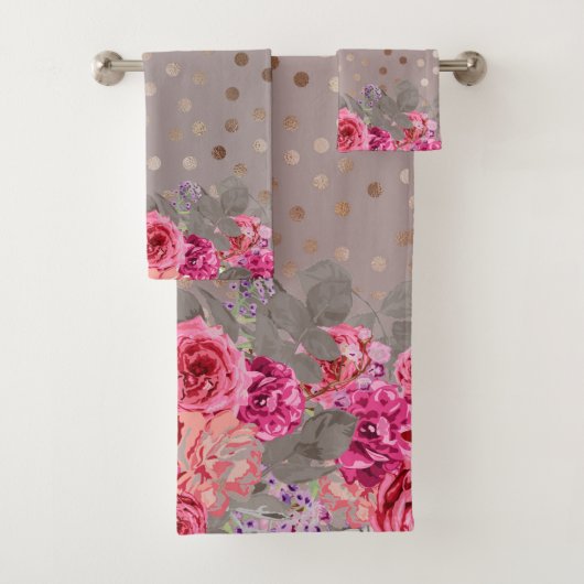 Gold Mocha Dot Floral Towel Set Bad Handdoek (Insitu)