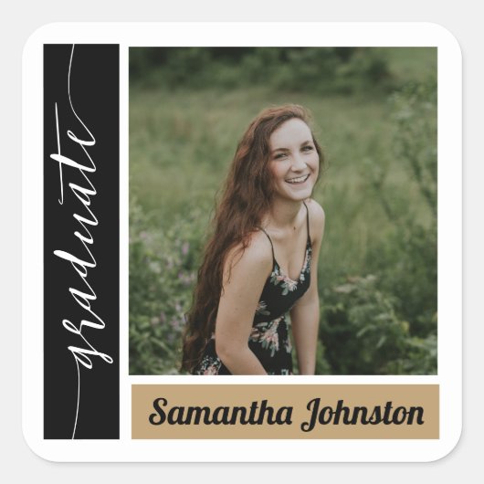 Gold Modern Block Photo Afstuderen Vierkante Sticker (Voorkant)