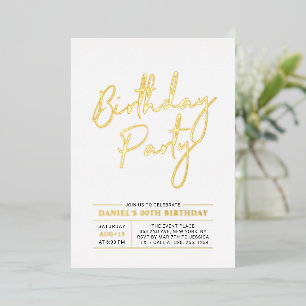 Gold Modern Brush Script Adult Birthday Party Folie Uitnodiging
