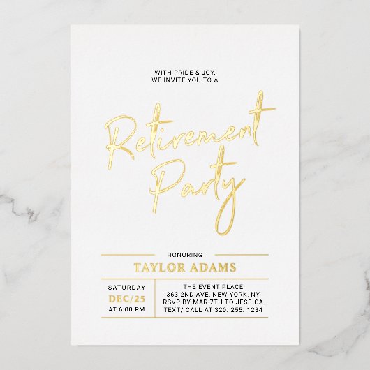 Gold Modern Brush Script Retirement Party Folie Uitnodiging (Voorkant)