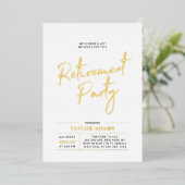 Gold Modern Brush Script Retirement Party Folie Uitnodiging (Staand Voorkant)