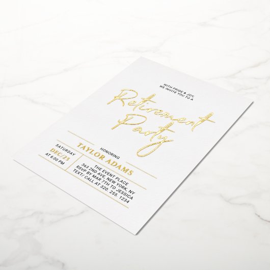 Gold Modern Brush Script Retirement Party Folie Uitnodiging (Gedraaid)