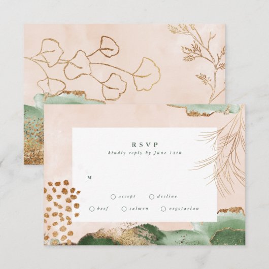 Gold Modern Eucalyptus Abstracte Greenery Moss RSVP Kaartje (Voorkant / Achterkant)