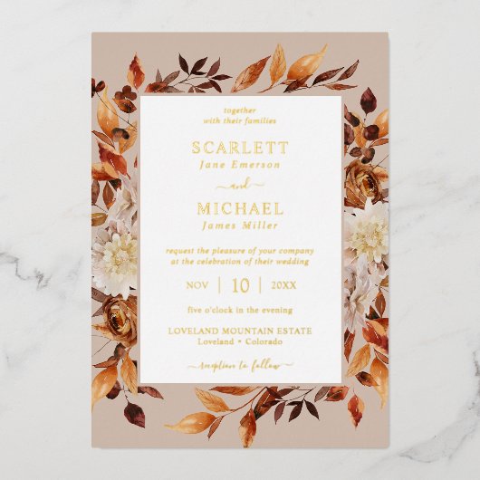Gold Modern Fall Wedding Folie Uitnodiging (Voorkant)