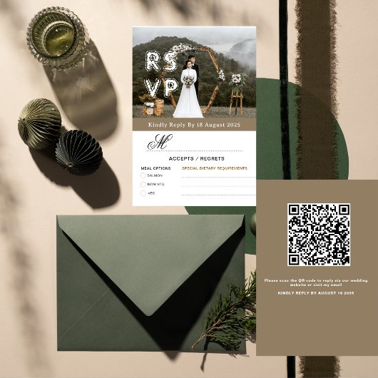 Gold Modern Minimalist Photo & QR  Wedding RSVP  Bedankkaart