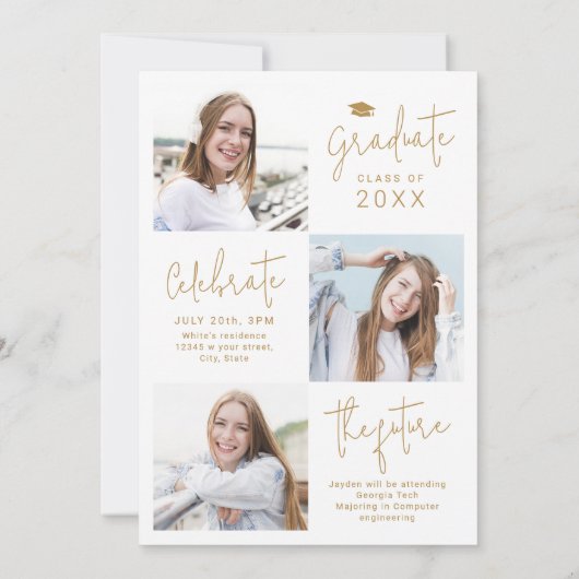 Gold Modern Script 4 Photo Graduation Faire-part (Dos)