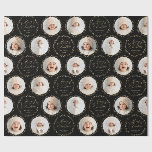 Gold Modern Script Merry Christmas Family 6 photo Cadeaupapier (Vlak)