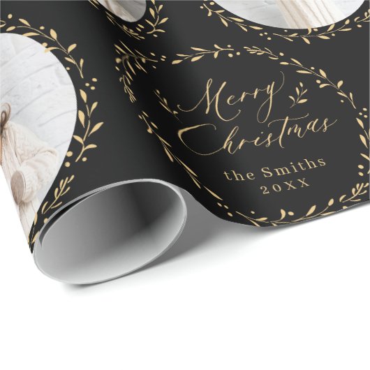 Gold Modern Script Merry Christmas Family 6 photo Cadeaupapier (Rol Hoek)