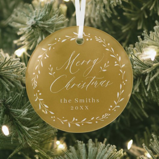 Gold Modern script Merry Kerstfeestdag Metal O Glas Ornament (Insitu)