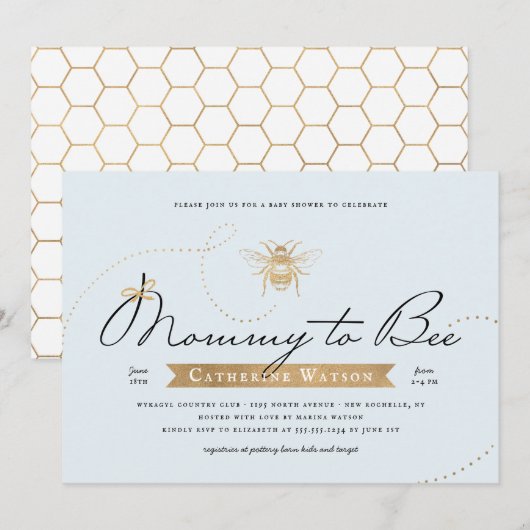 Gold Mommy to Bee Baby shower Blue Invitation (Devant / Derrière)