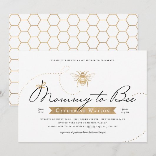 Gold Mommy to Bee Baby shower Invitation (Devant / Derrière)