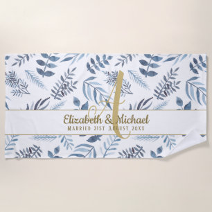 Gold Monogram Azure Blue Botanical Leaves Wedding Strandlaken