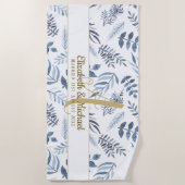 Gold Monogram Azure Blue Botanical Leaves Wedding Strandlaken (Voorkant)
