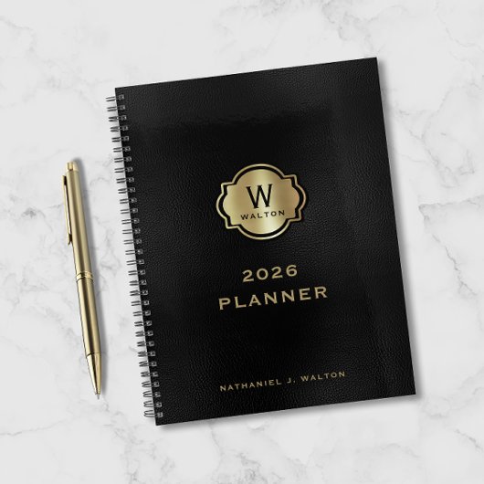 Gold Monogram Black Leather Look