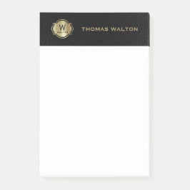 Gold Monogram Black Leather Look Elegant Post-it® Notes