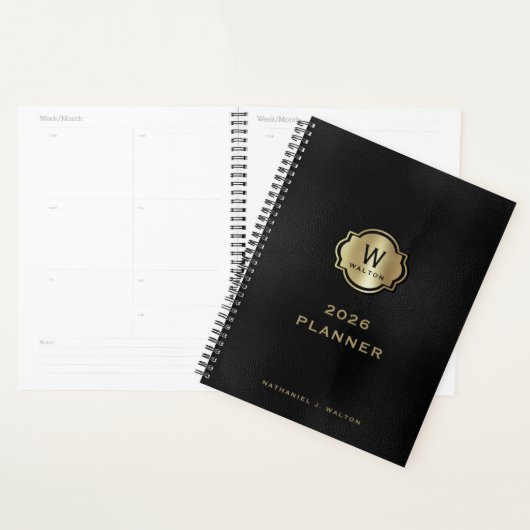 Gold Monogram Black Leather Look Planner (Display)
