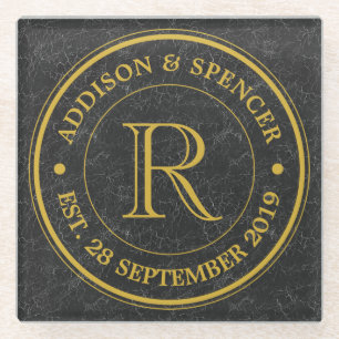 Gold Monogram Black Leather Wedding Jubileum Glazen Onderzetter