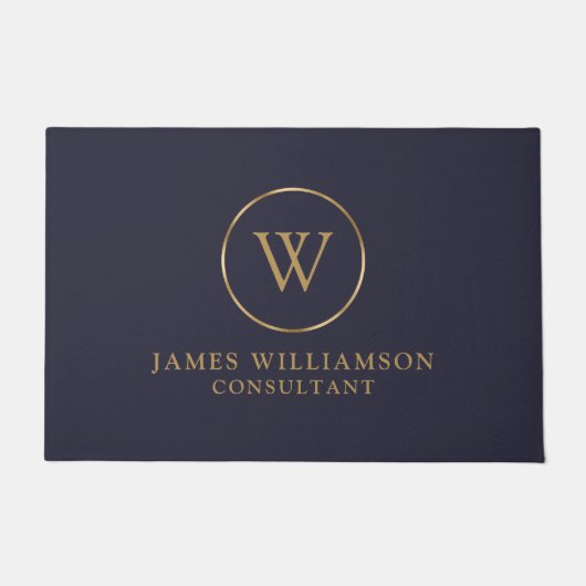 Gold Monogram Dark Midnight Navy Blue Business Deurmat (Voorkant)
