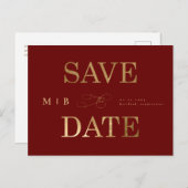 Gold Monogram Deep Red Wedding Save the Date Briefkaart (Voorkant / Achterkant)