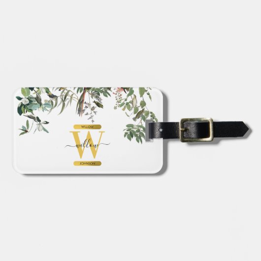 Gold Monogram Elegant Eucalyptus Greenery & Birds Bagagelabel (Voorkant horizontaal)
