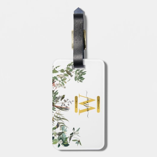 Gold Monogram Elegant Eucalyptus Greenery & Birds Bagagelabel (Achterkant verticaal)