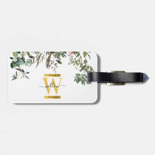 Gold Monogram Elegant Eucalyptus Greenery & Birds Bagagelabel (Achterkant horizontaal)