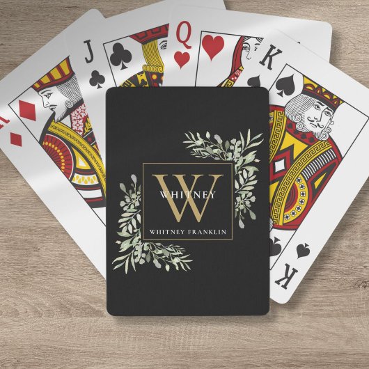 Gold Monogram Elegant Greenery Modern Black Pokerkaarten
