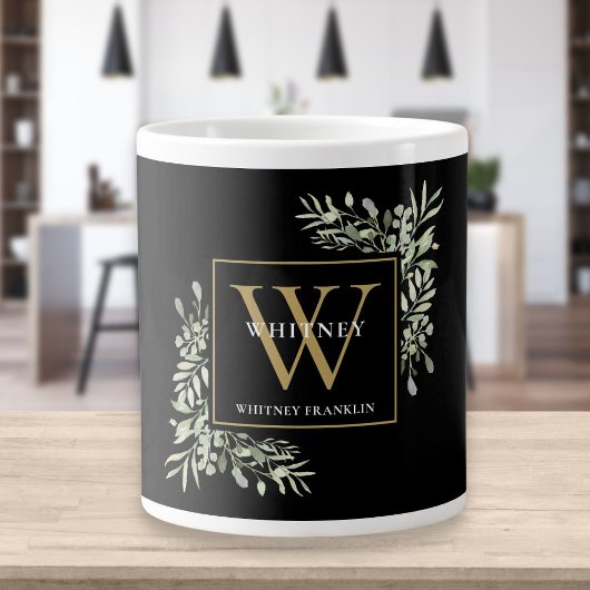 Gold Monogram Elegant Modern Greenery Black Extra Grote Beker