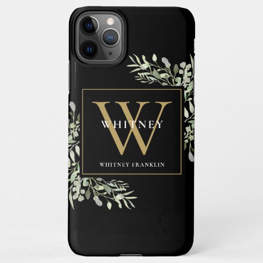 Gold Monogram Elegant Modern Greenery Black iPhone Hoesje (Achterkant)
