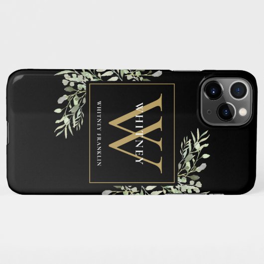 Gold Monogram Elegant Modern Greenery Black iPhone Hoesje (Achterkant horizontaal)