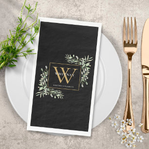 Gold Monogram Elegant Modern Greenery Black Servet