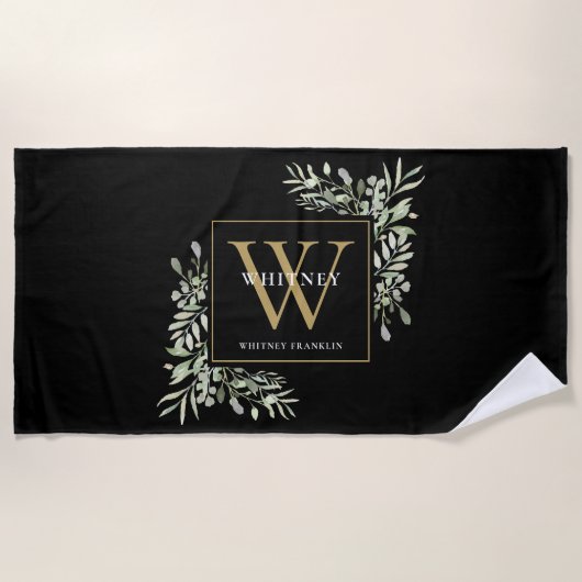 Gold Monogram Elegant Modern Greenery Black Strandlaken (Voorkant)