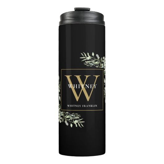 Gold Monogram Elegant Modern Greenery Black Thermosbeker (Voorkant)