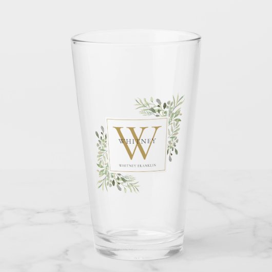 Gold Monogram Elegant Modern Greenery Glass Glas (Voorkant)