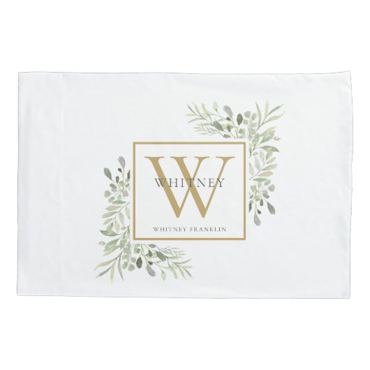 Gold Monogram Elegant Modern Greenery Pillow Hoesj Kussensloop (Achterkant)