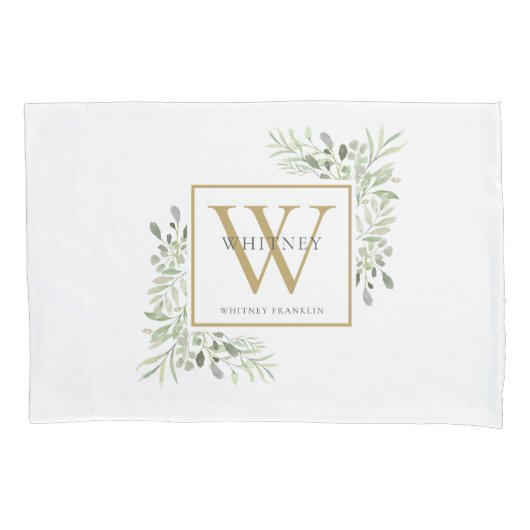 Gold Monogram Elegant Modern Greenery Pillow Hoesj Kussensloop (Voorkant)