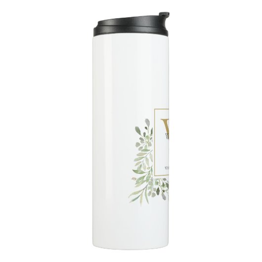 Gold Monogram Elegant Modern Greenery Thermosbeker (Gedraaid links)