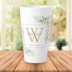 Gold Monogram Elegant Moderne Greenery Latte Mok