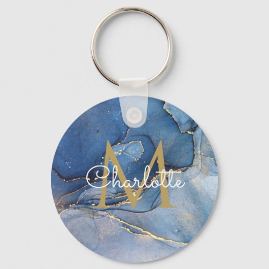 Gold Monogram Elegant Script Blue Agate Geode Sleutelhanger (Voorkant)