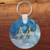 Gold Monogram Elegant Script Blue Agate Geode Sleutelhanger (Voorkant)