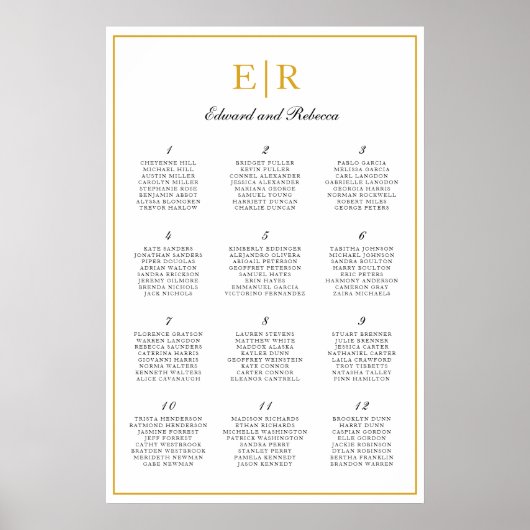 Gold Monogram Elegant Wedding Seating Chart Poster (Voorkant)