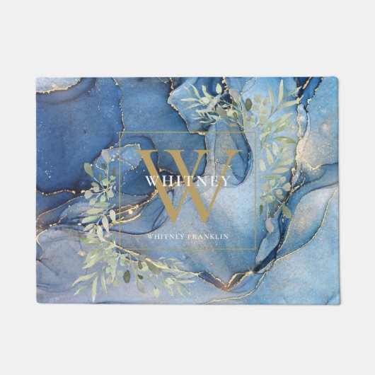 Gold Monogram Greenery Blue Agate Geode Doormat Deurmat (Voorkant)