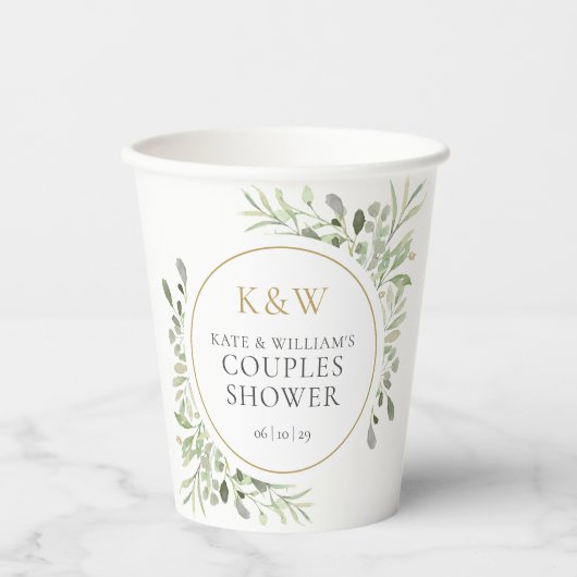 Gold Monogram Greenery Couples Wedding Shower Papieren Bekers (Voorkant)