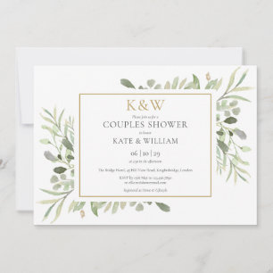 Gold Monogram Greenery Foliage Couples Shower Kaart