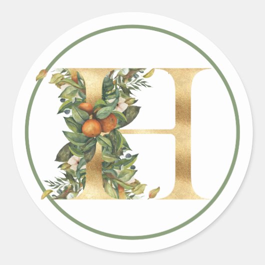 GOLD MONOGRAM H MET SUMMER FOLIAGE RONDE STICKER (Voorkant)